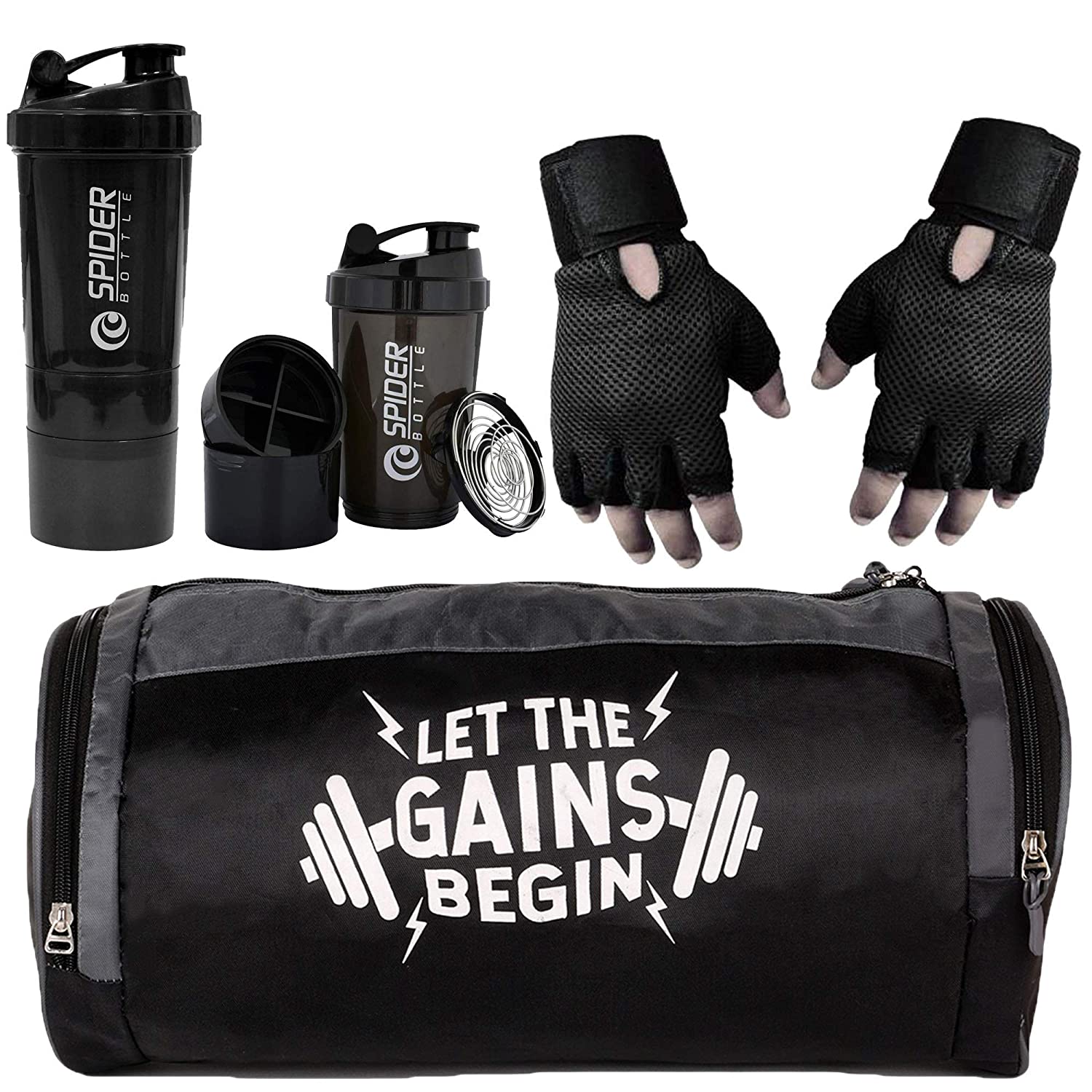 Combo of Gym Bag with Shoe Compartment,Gym Gloves and Spider Shaker Bottle(Black) Gym & Fitness Kit